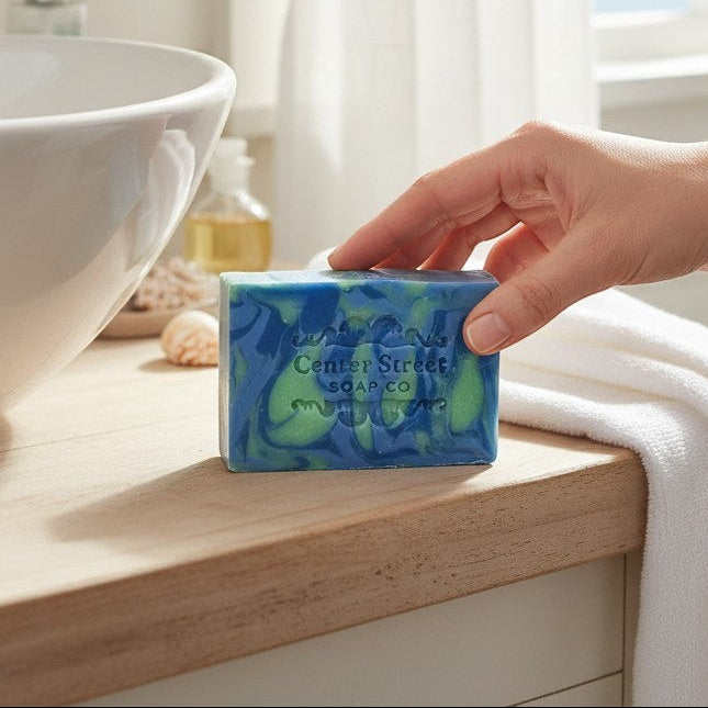 Mellow Monkey Wild Maine Blueberry vegan handmade bar soap with blue and green swirls. 4-oz.
