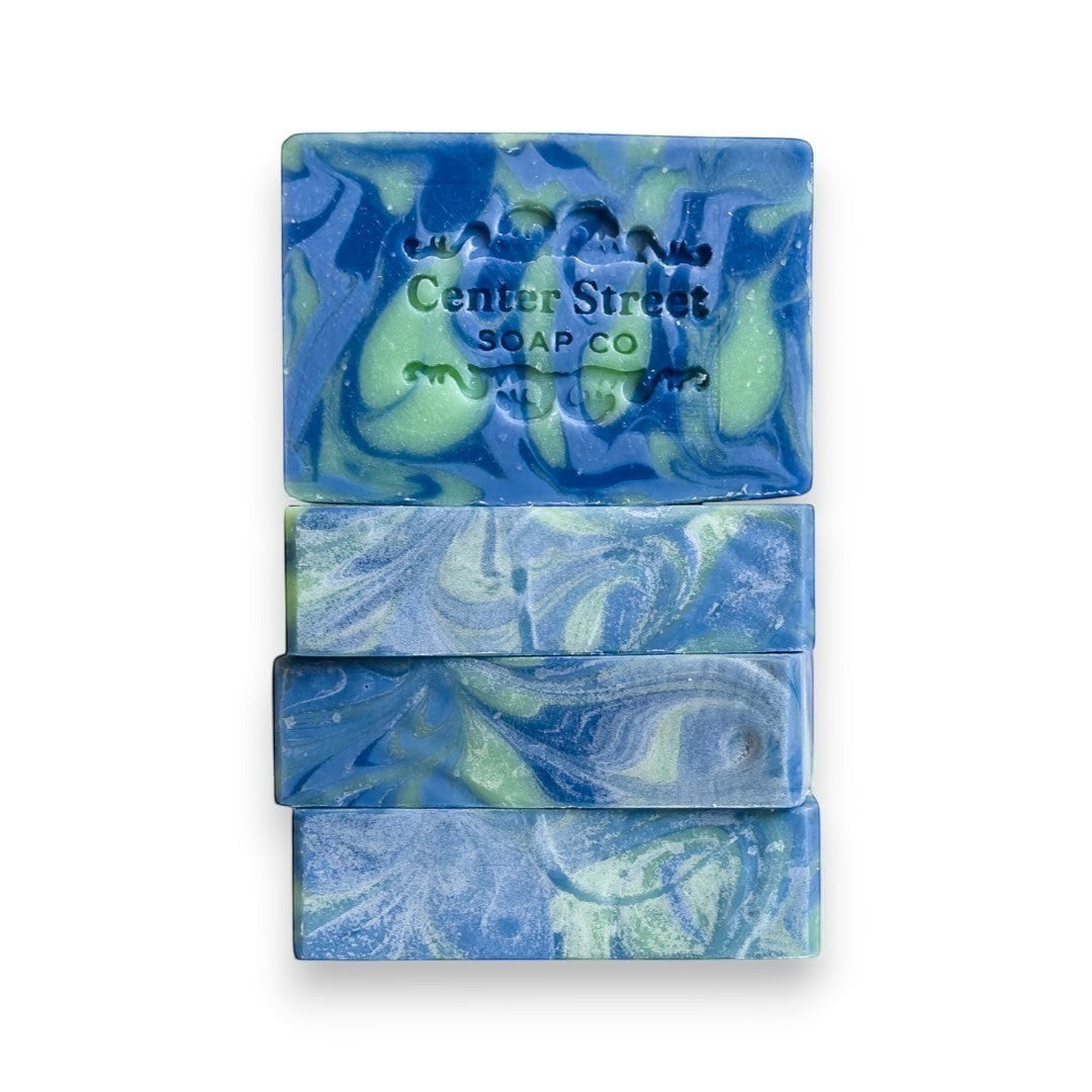 Mellow Monkey Wild Maine Blueberry vegan handmade bar soap, swirled blue and green, 4-oz