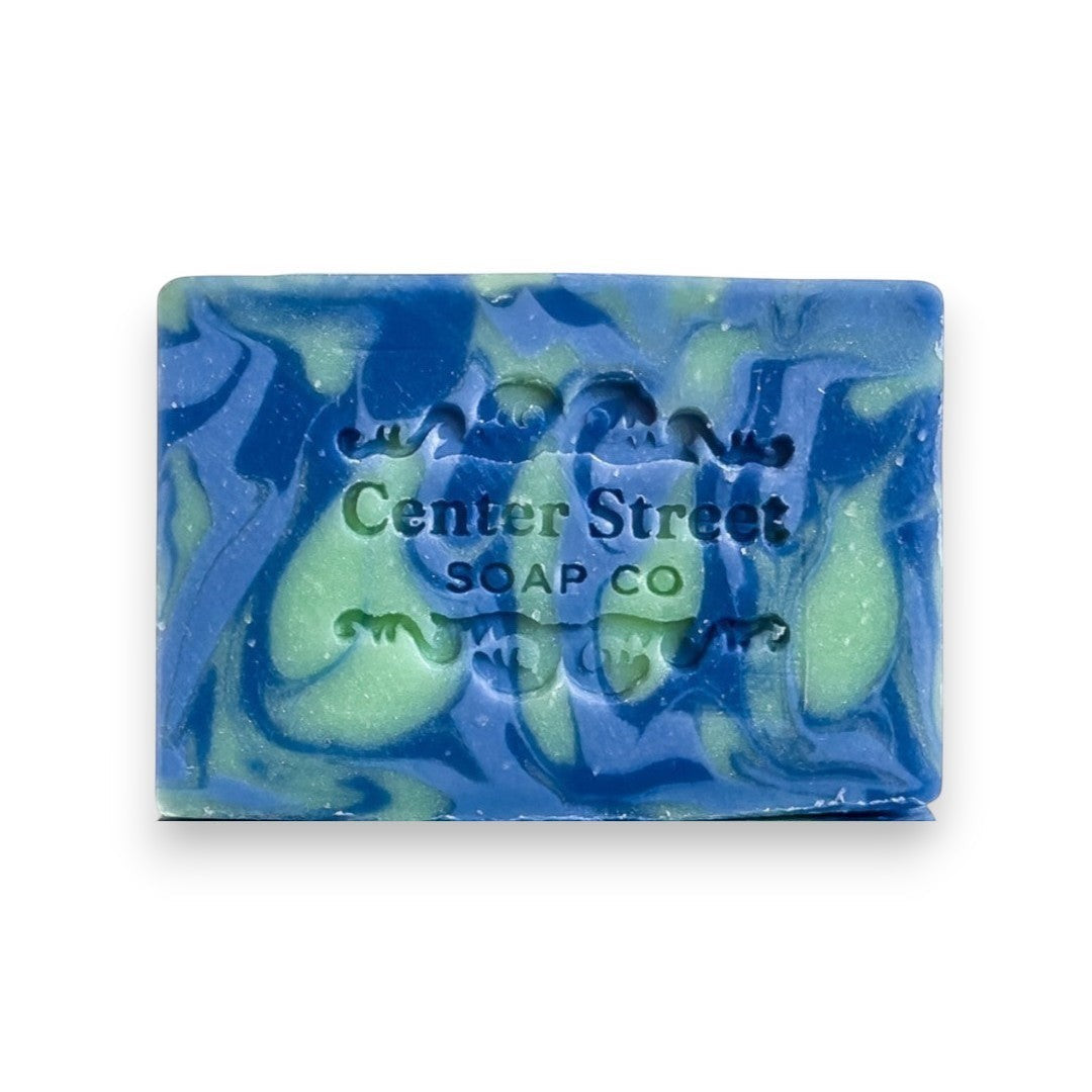 Mellow Monkey Wild Maine Blueberry vegan handmade bar soap, swirled blue and green, 4-oz