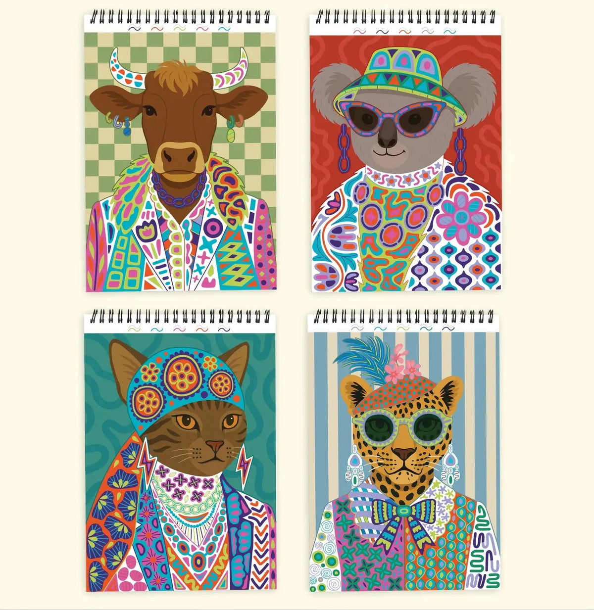 Mellow Monkey Wild Style FlowArt pads featuring four colorful, psychedelic animal portraits for mindful tracing.