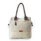 Mellow Monkey Old Soul tote bag in willow ash up-cycled canvas with brown leather handles and beaded drawstring sides