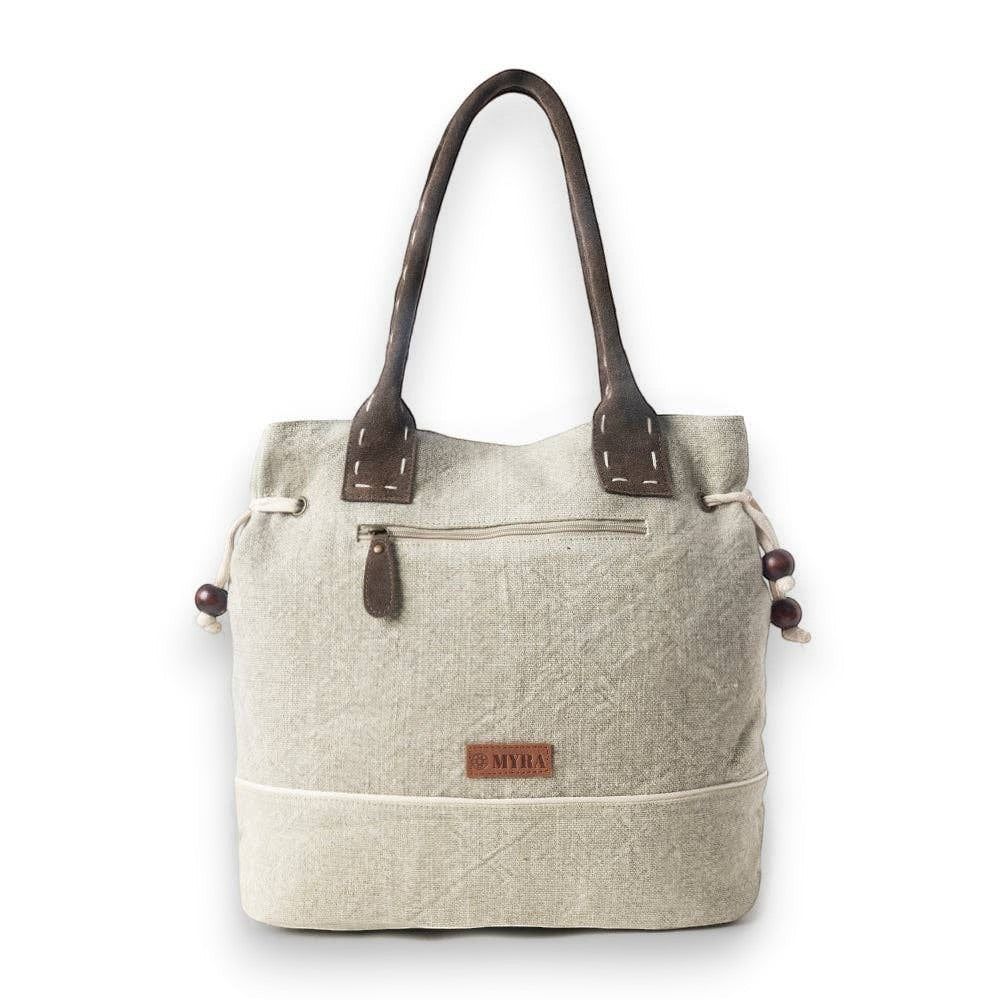Mellow Monkey Old Soul tote bag in willow ash up-cycled canvas with brown leather handles and beaded drawstring sides