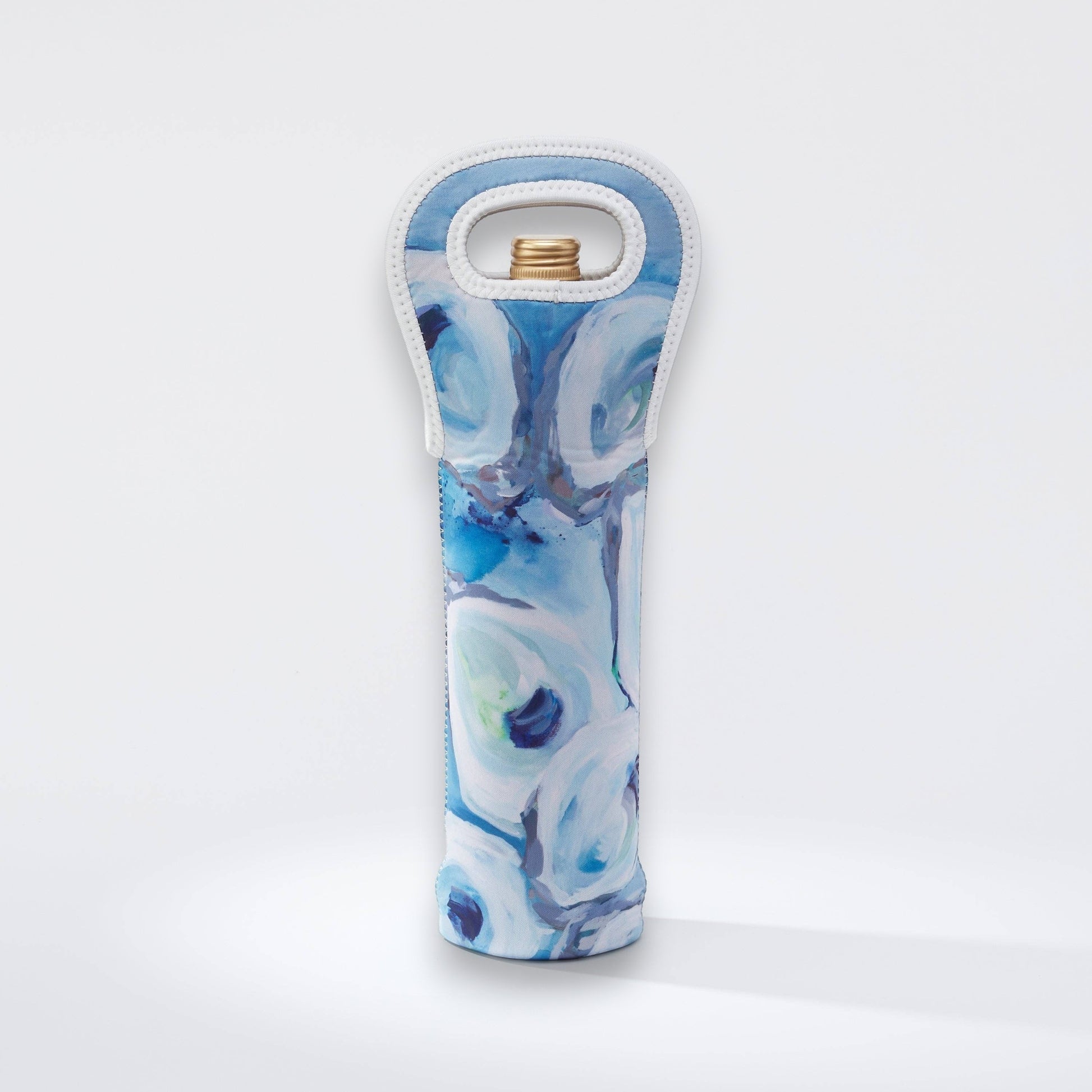 Mellow Monkey Ebb and Flow wine tote with blue abstract art, made of neoprene, fits 750ml-1L bottle.