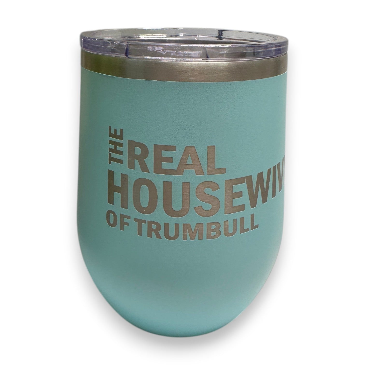 Mellow Monkey teal stainless steel 12-oz stemless wine tumbler with clear lid, featuring "The Real Housewives of Trumbull" text.