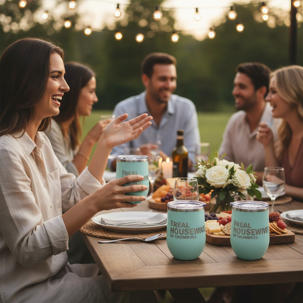 Mellow Monkey teal 12-oz stainless steel stemless wine tumbler with clear lid, featuring "The Real Housewife of Trumbull" text.