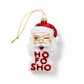 Mellow Monkey glass blown winking Santa ornament with glitter and red Ho Fo Sho lettering on a white background.