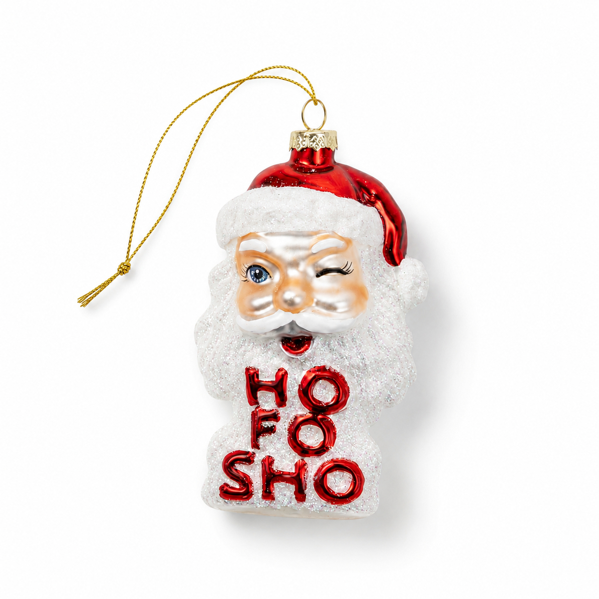 Mellow Monkey glass blown winking Santa ornament with glitter and red Ho Fo Sho lettering on a white background.
