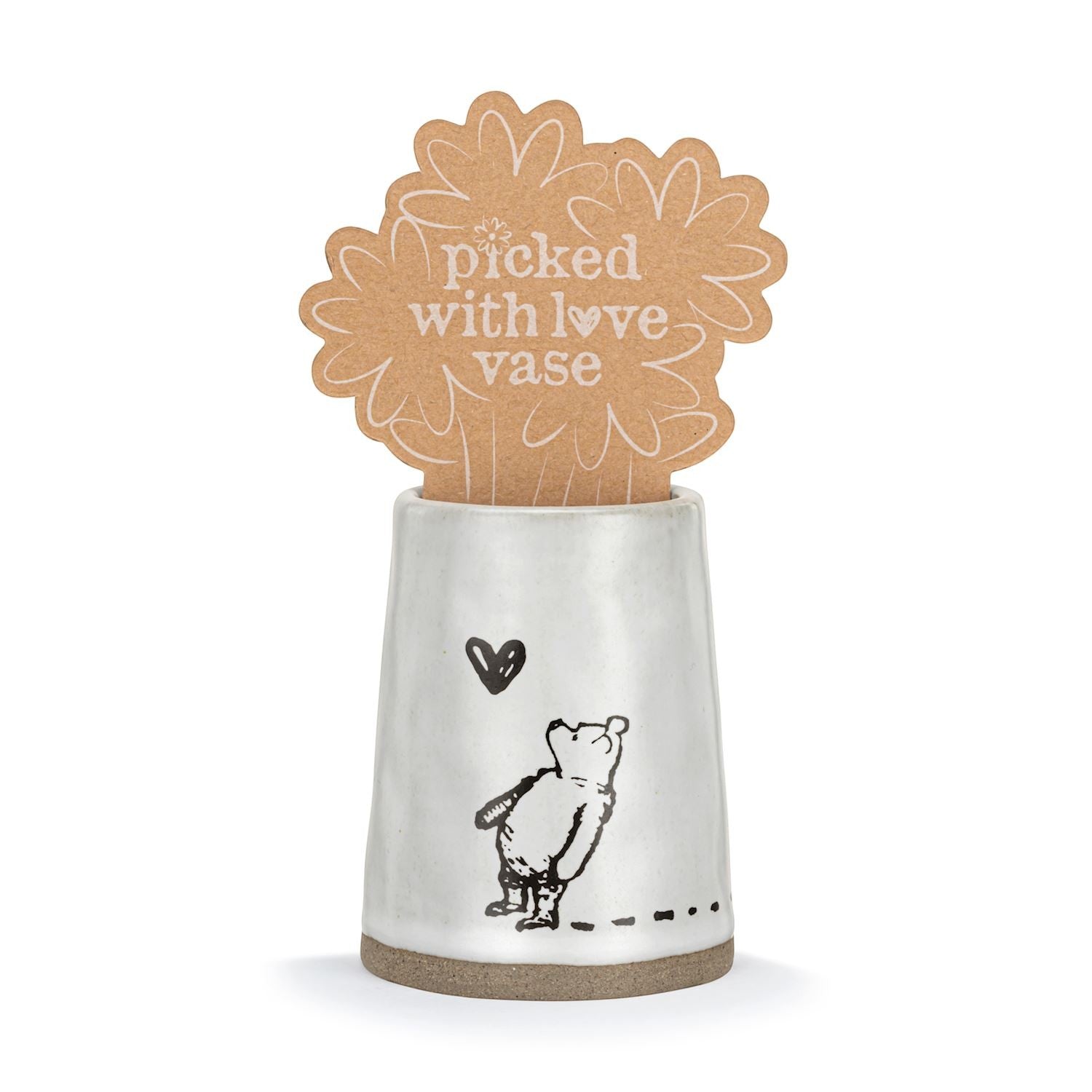 Mellow Monkey Winnie-the-Pooh stoneware bud vase with a heart and Picked With Love tag, 3-inch height.