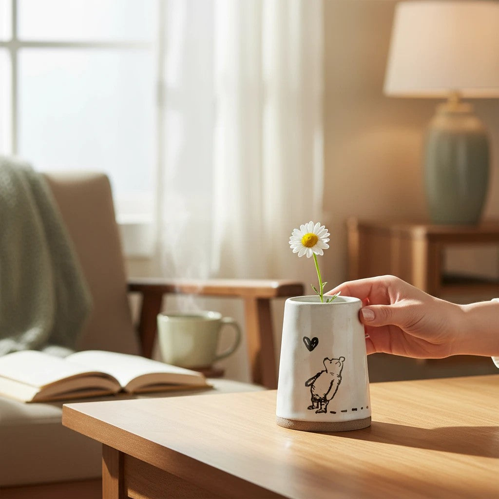 Mellow Monkey stoneware bud vase featuring Winnie-the-Pooh illustration, holding a single daisy on a wooden table.