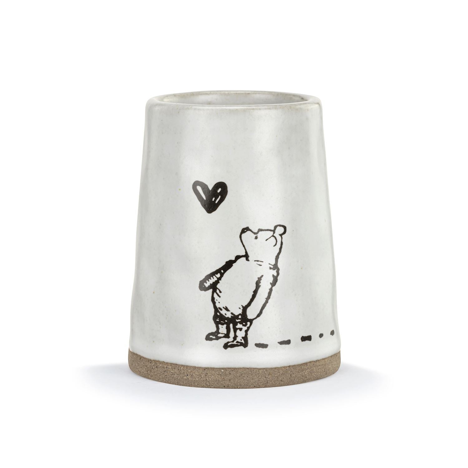 Mellow Monkey Winnie-the-Pooh stoneware bud vase featuring a hand-drawn Pooh bear and heart design, 3-inch height.