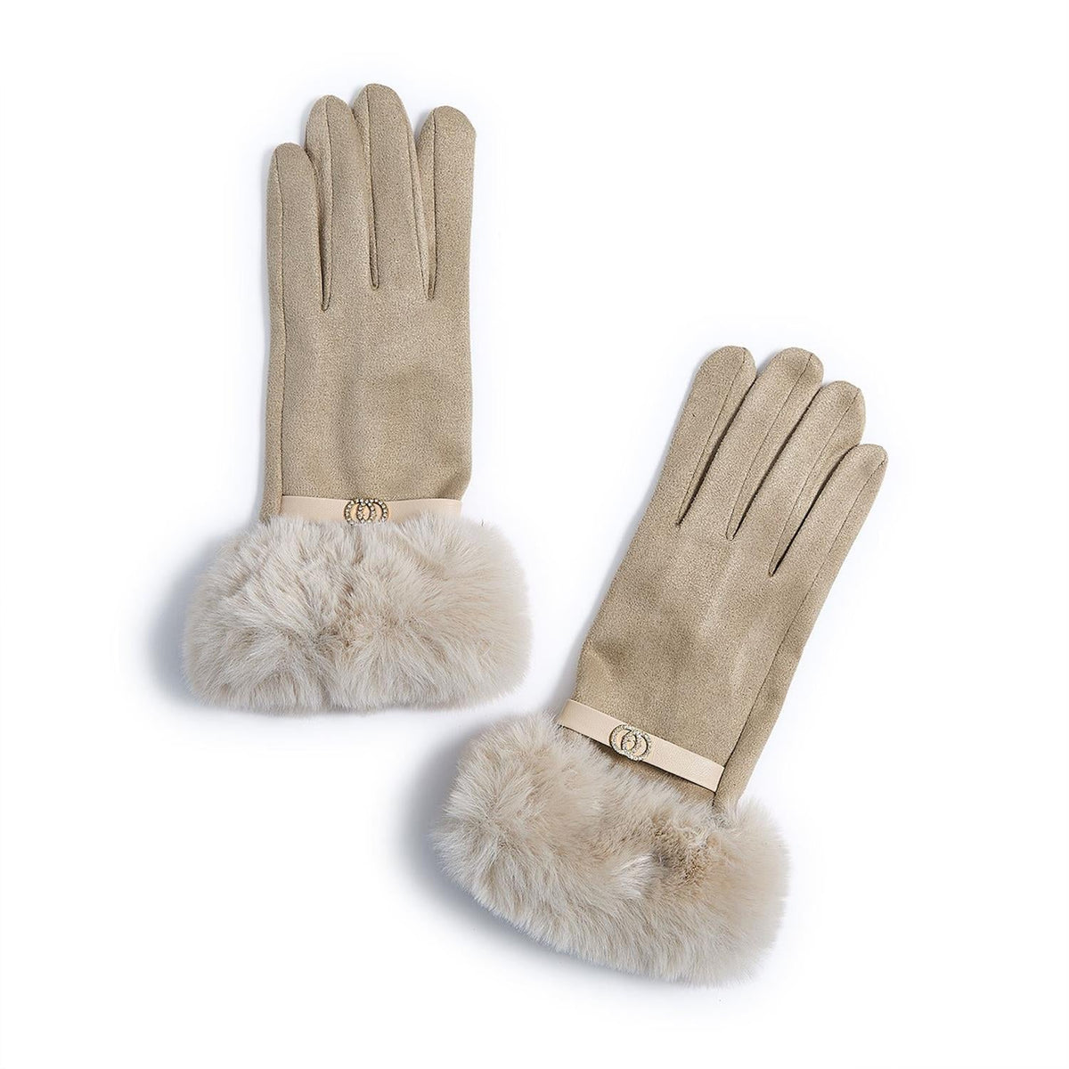 Mellow Monkey winter white microsuede gloves with faux fur cuffs and rhinestone bit detail on a white background