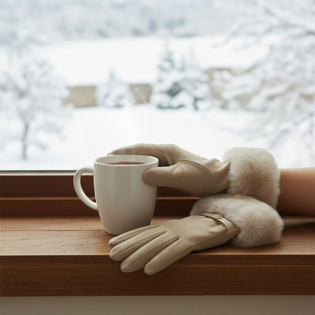 Mellow Monkey winter white microsuede gloves with faux fur cuffs and rhinestone bit detail held near a snowy window