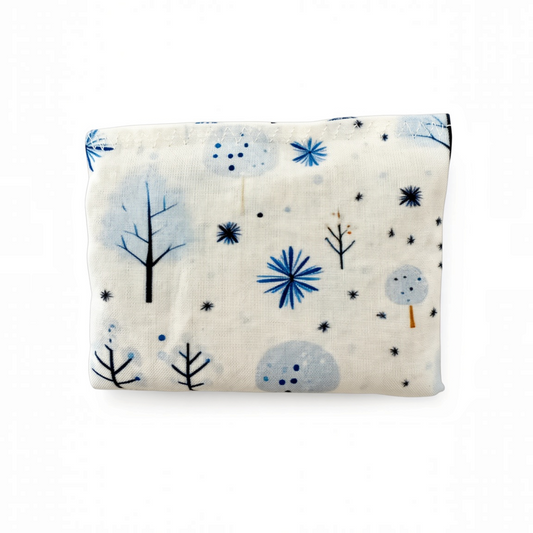 Mellow Monkey Mantra Beads Sensory Calm Bag in Winter Wonderland print with blue trees and snowflakes on white fabric