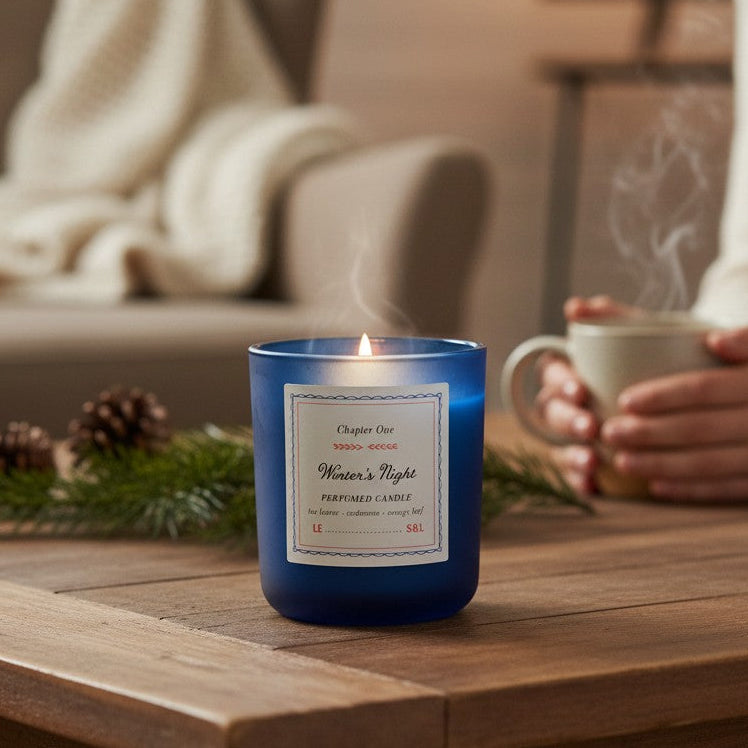 Mellow Monkey Winter's Night candle in a deep blue glass vessel on a wooden table with pine branches and steam.