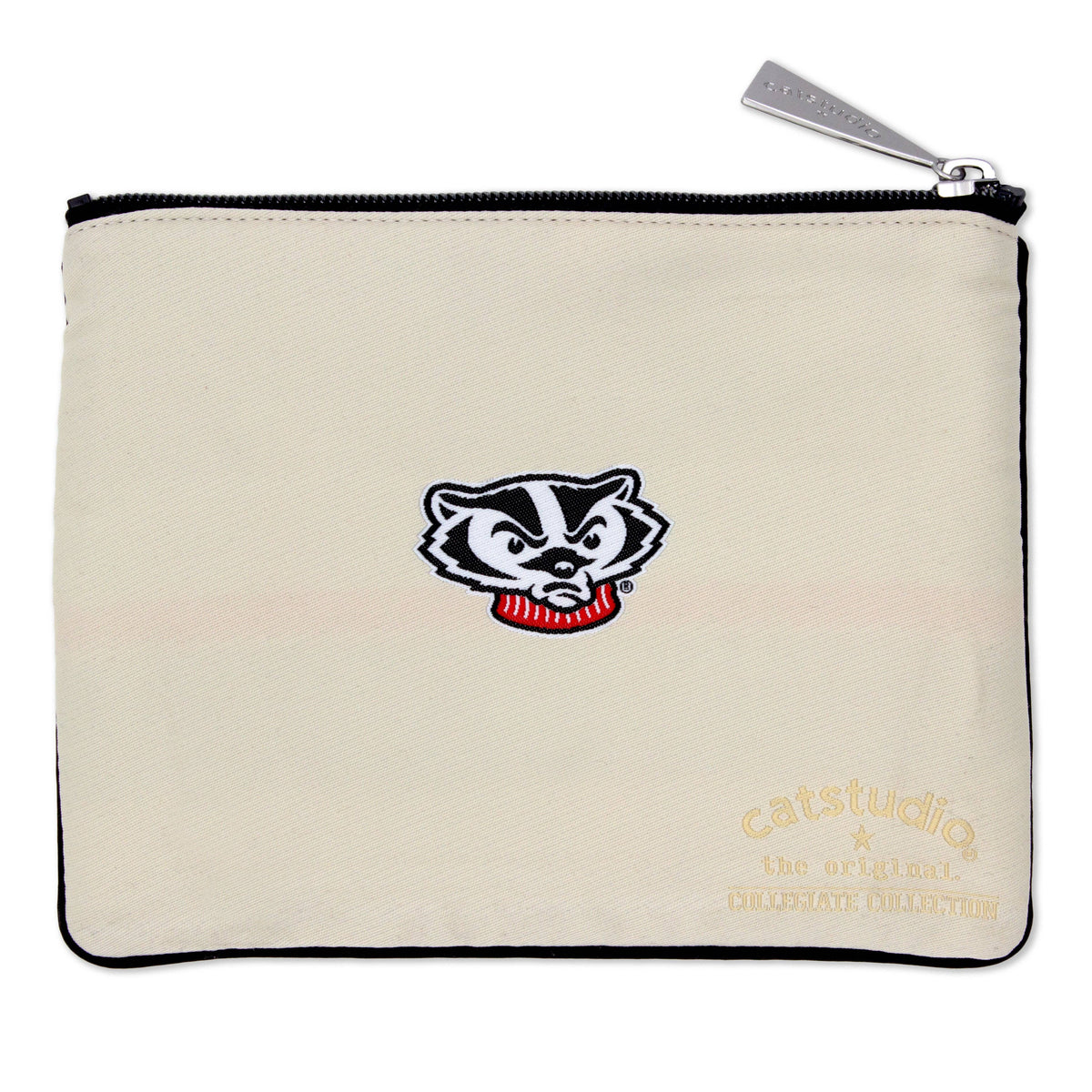 Mellow Monkey University of Wisconsin beige polyester zip pouch with embroidered badger mascot logo