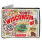 Mellow Monkey University of Wisconsin zip pouch featuring colorful woven illustrations of campus landmarks and icons.