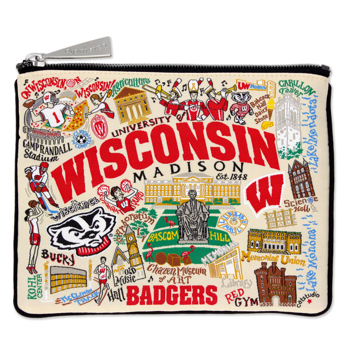 Mellow Monkey University of Wisconsin zip pouch featuring colorful woven illustrations of campus landmarks and icons.