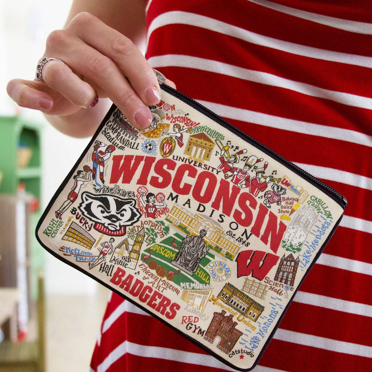 Mellow Monkey University of Wisconsin zip pouch featuring colorful woven illustrations of campus landmarks and Bucky