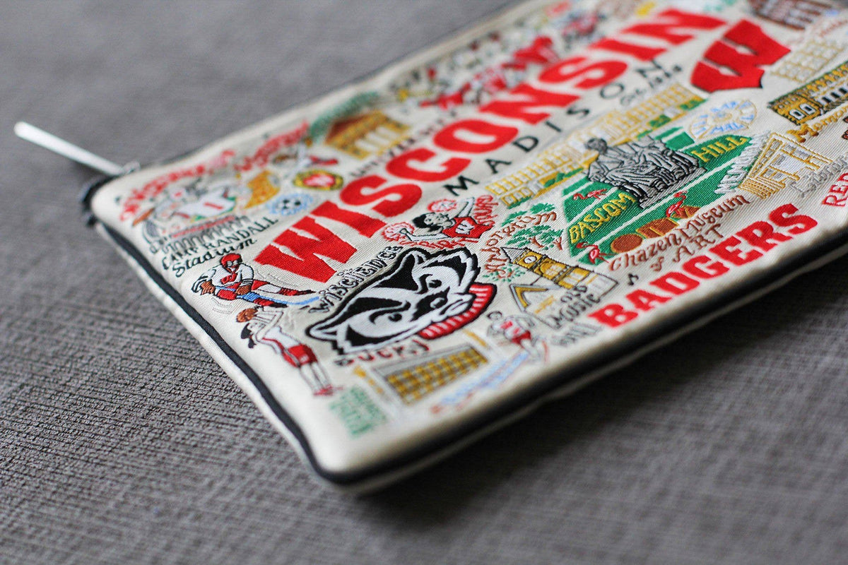 Mellow Monkey University of Wisconsin woven polyester zip pouch featuring detailed embroidered campus landmarks