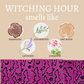 Mellow Monkey Witching Hour artisan soap bars with purple bat, star, and moon patterns and woodsy scent notes.
