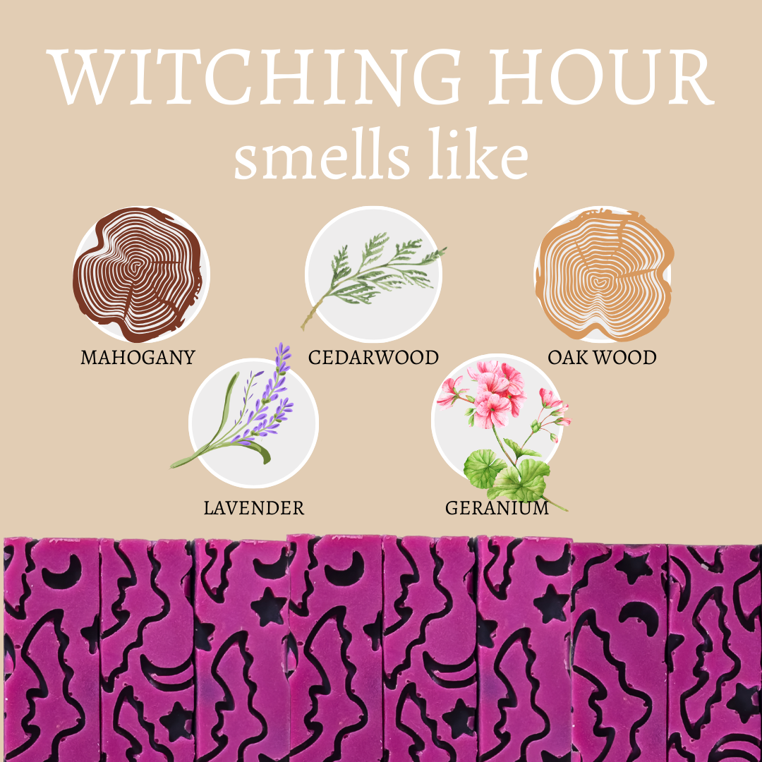 Mellow Monkey Witching Hour artisan soap bars with purple bat, star, and moon patterns and woodsy scent notes.