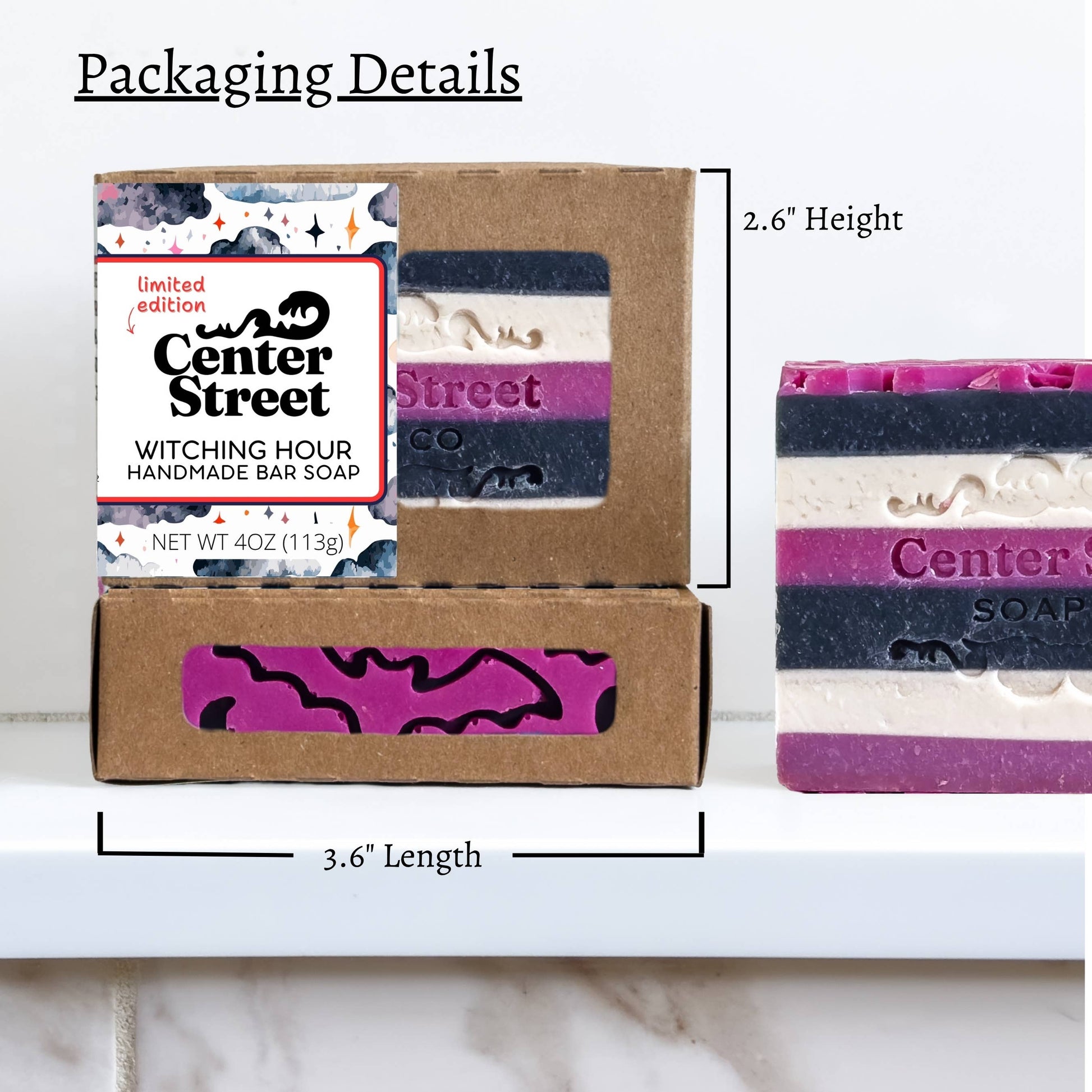 Mellow Monkey Witching Hour artisan soap bar with bat and moon design in a kraft window box with dimensions labeled