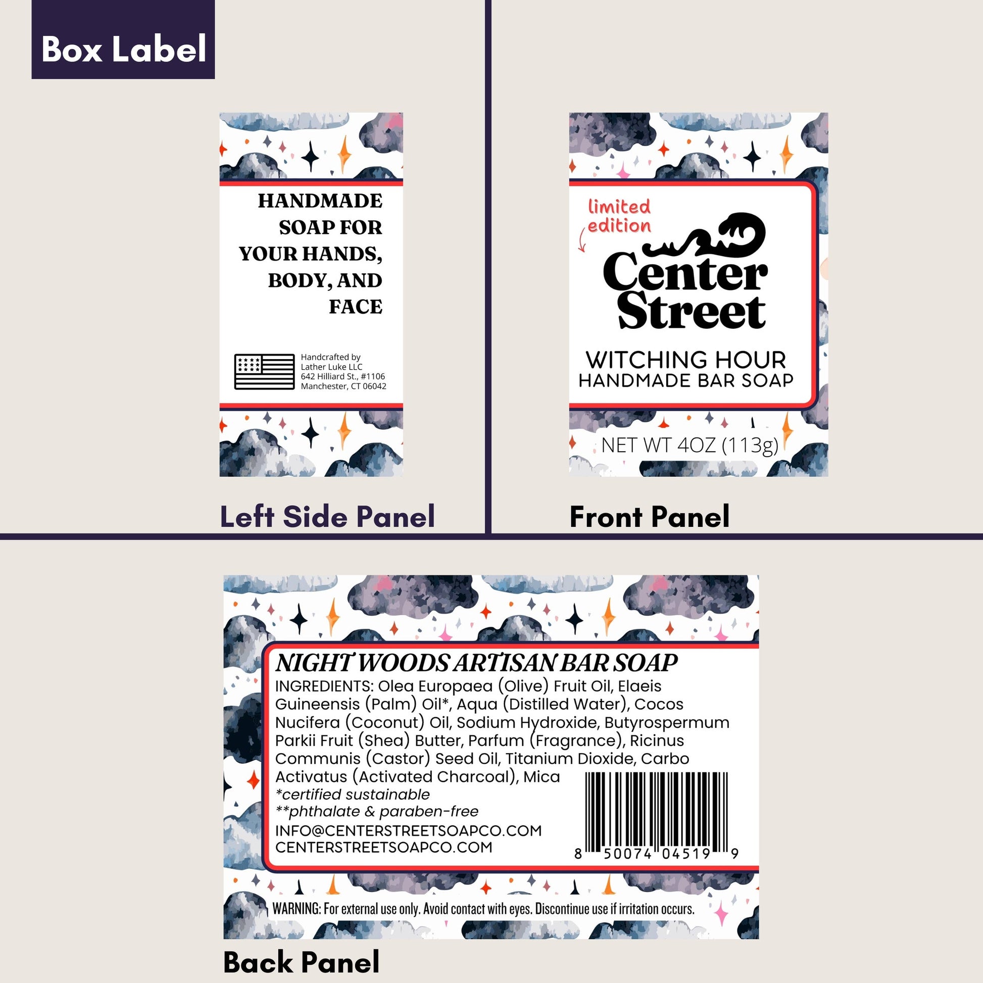 Mellow Monkey Witching Hour artisan soap box packaging featuring a dark cloud and star pattern with product details.