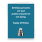 Mellow Monkey witty birthday card with blue background and text about birthday rewards for not dying.