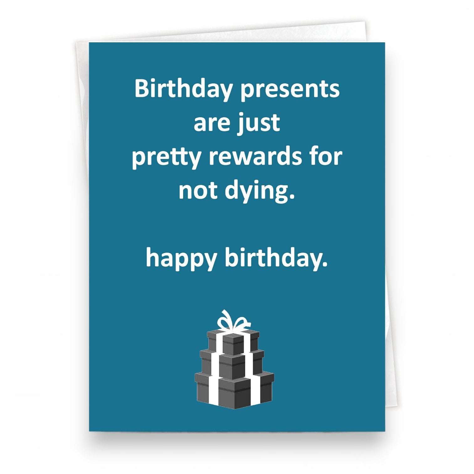 Mellow Monkey witty birthday card with blue background and text about birthday rewards for not dying.
