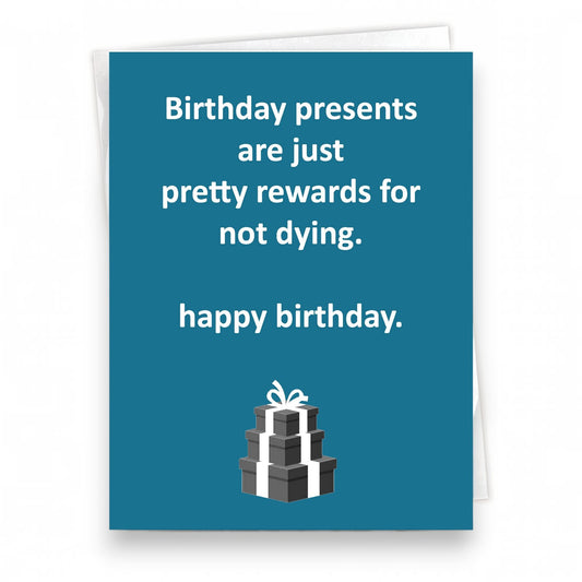 Mellow Monkey witty birthday card with blue background and text about birthday rewards for not dying.