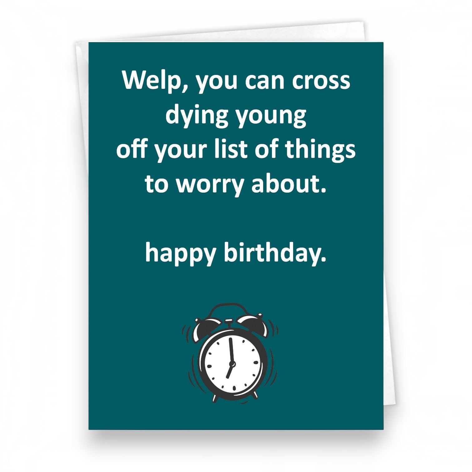 Mellow Monkey witty birthday card with dark teal background, alarm clock graphic, and humorous text about aging.
