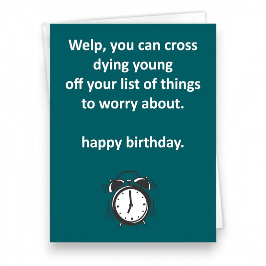 Mellow Monkey witty birthday card with dark teal background, alarm clock graphic, and humorous text about aging.
