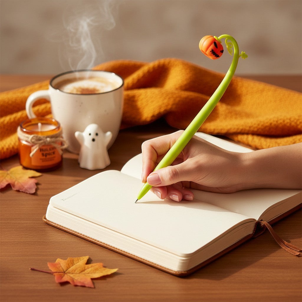 Mellow Monkey wobbly pumpkin pen, 9-inch tall, green stem with jack-o'-lantern top, perfect for fall and Halloween.