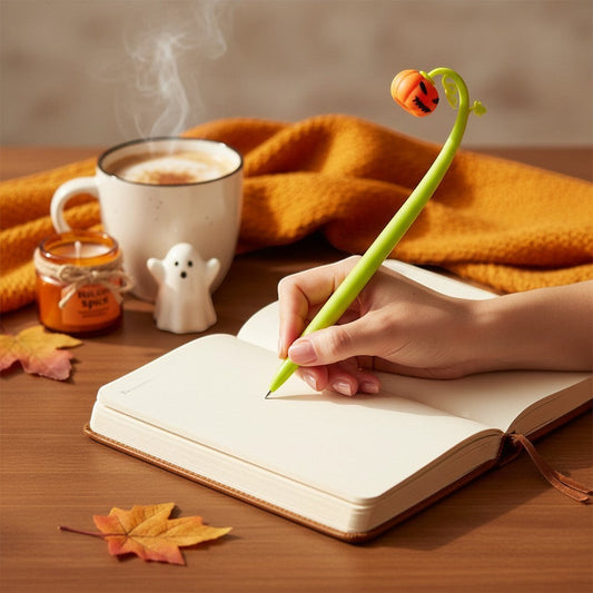 Mellow Monkey wobbly pumpkin pen, 9-inch tall, green stem with jack-o'-lantern top, perfect for fall and Halloween.