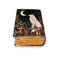 Mellow Monkey vintage leather spellbook with a white wolf, moon, stars, mushrooms, and ferns. 5x7 inches, 200 pages.