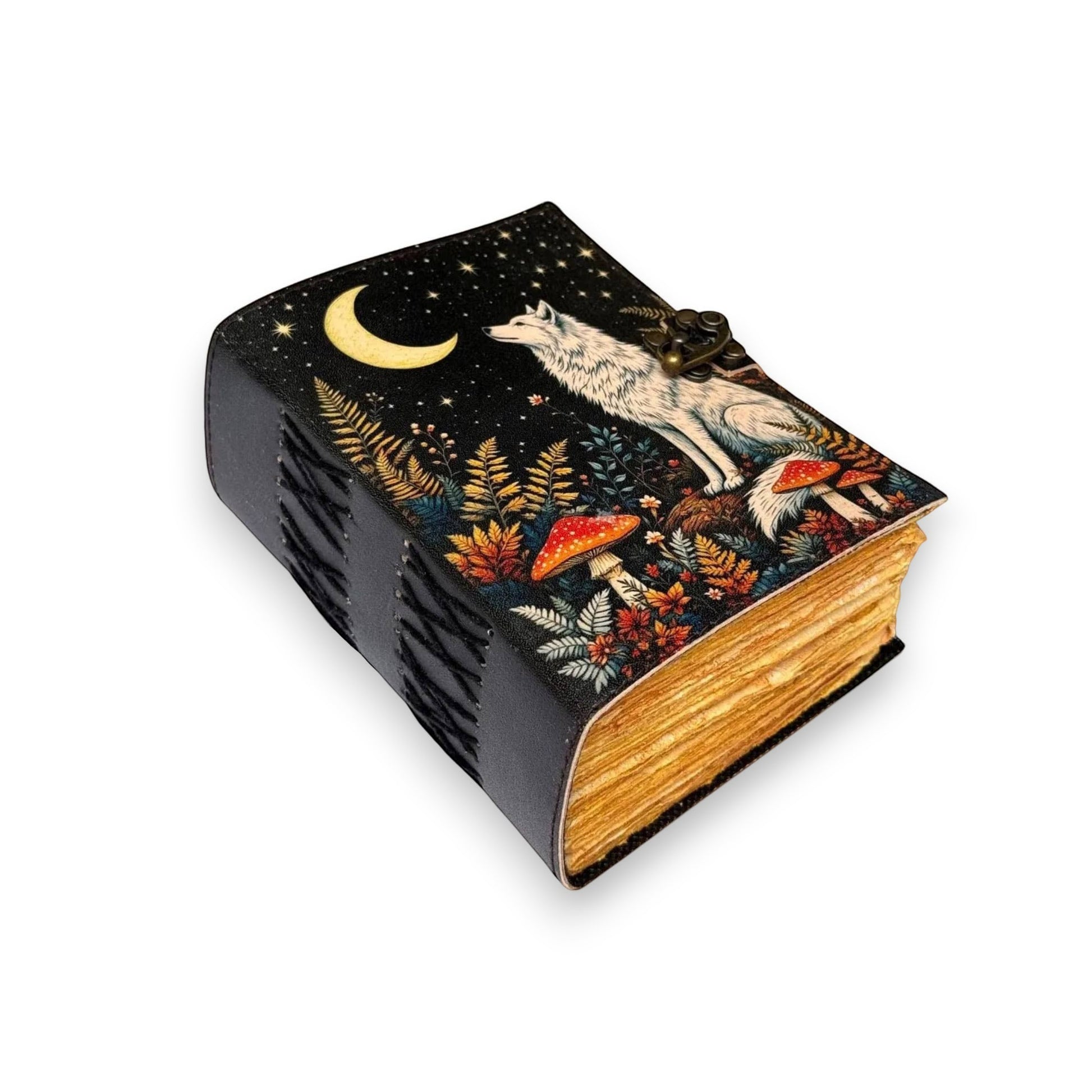 Mellow Monkey Wolf Vintage Leather Spellbook with moon, stars, mushrooms, and ferns. 5x7 inches, 200 pages.