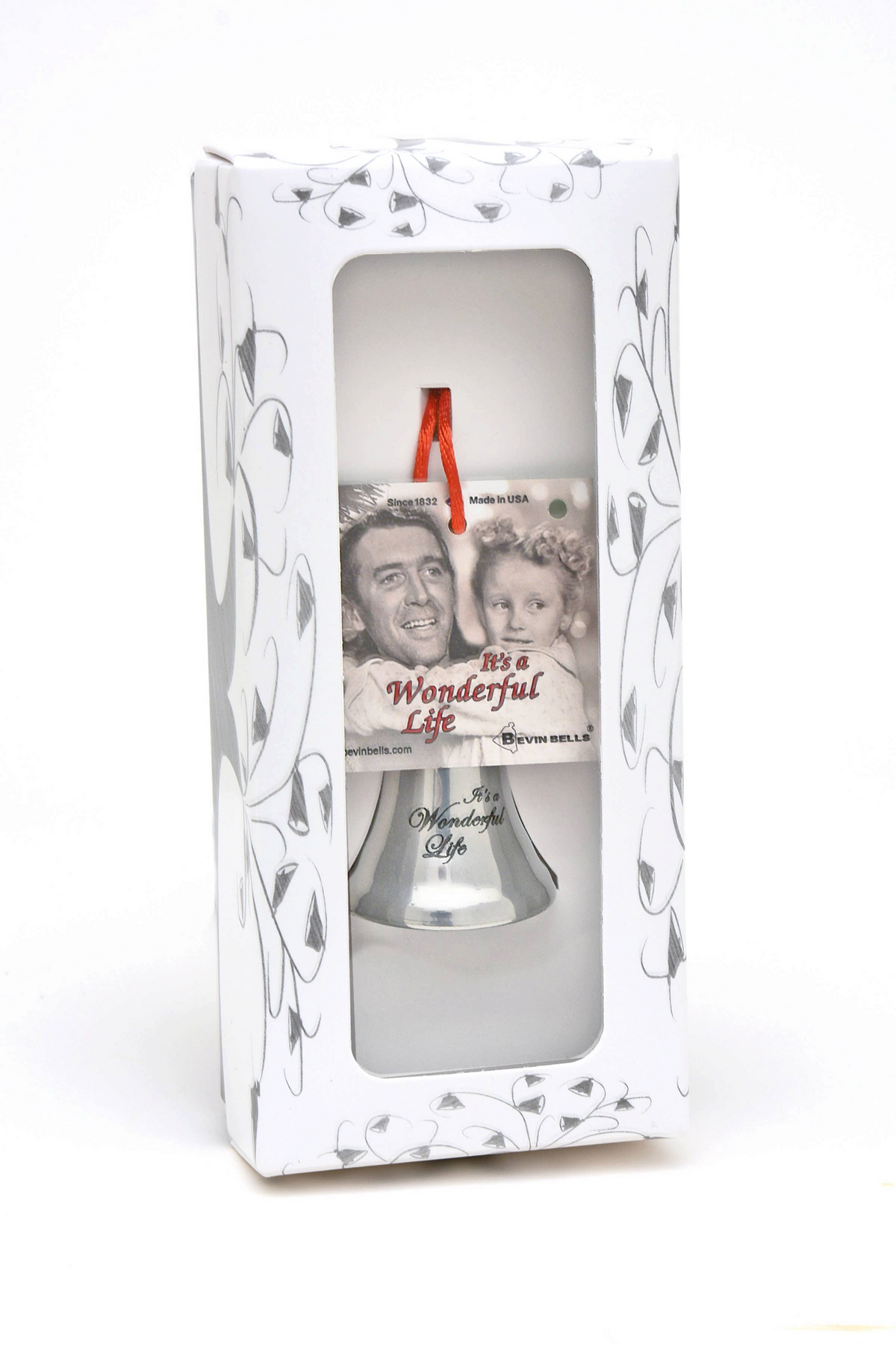 Mellow Monkey It's a Wonderful Life silver bell ornament with red satin cord in a decorative gift box