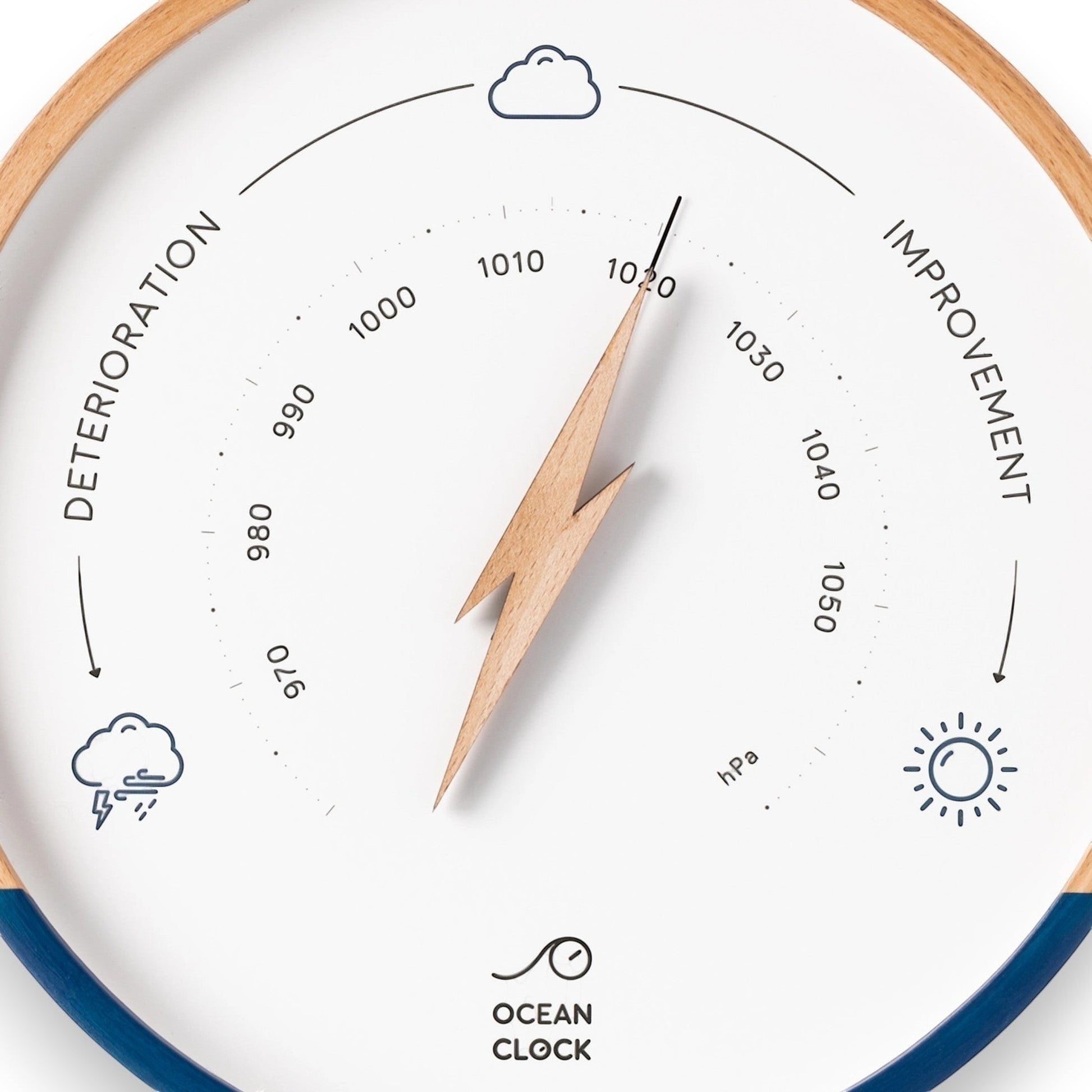 Mellow Monkey navy blue and white wood barometer with beech frame, lightning bolt pointer, and mineral glass face. Forecasts weather.