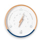 Mellow Monkey navy blue and white wood barometer with beech frame, lightning bolt hand, and glass face. Forecasts weather.