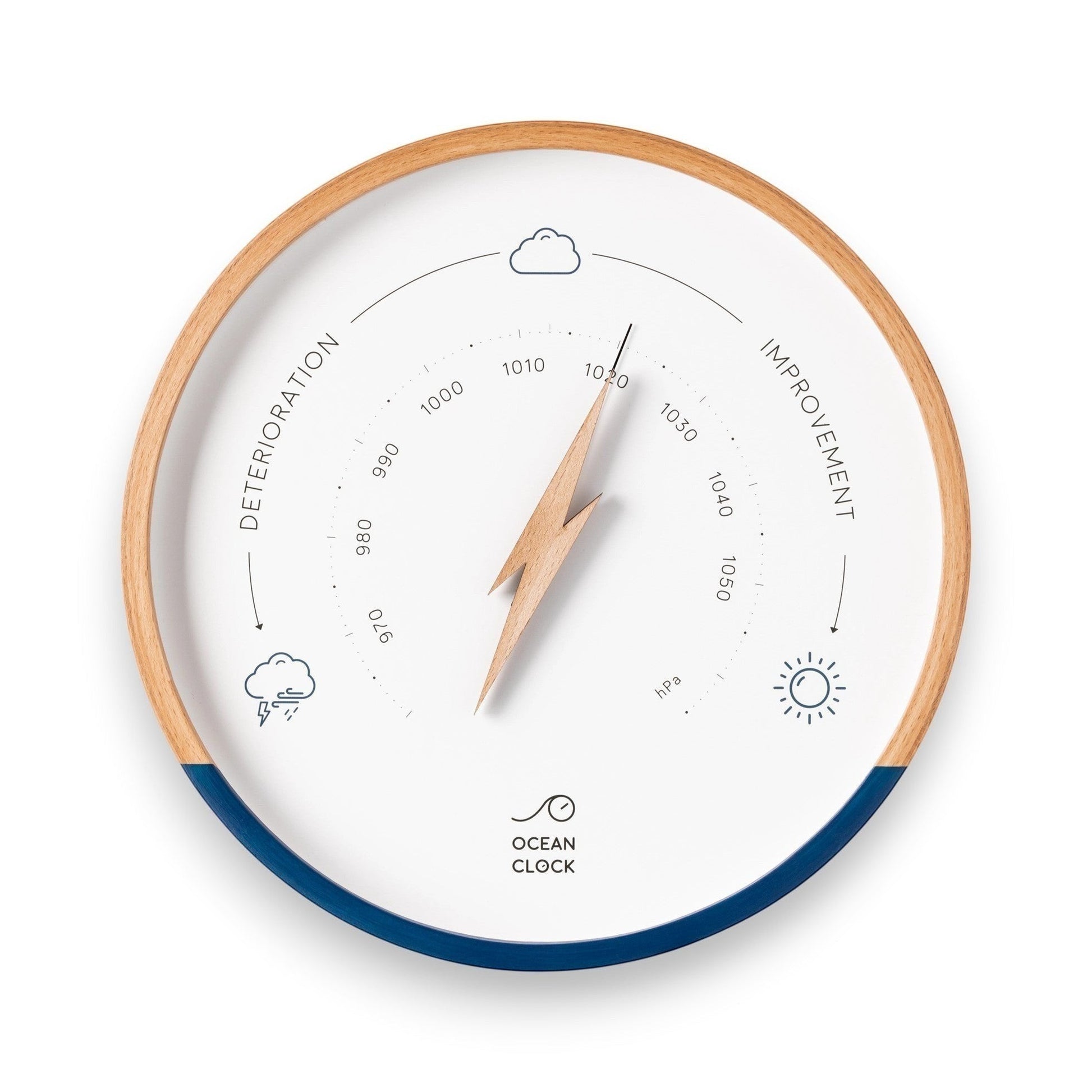 Mellow Monkey navy blue and white wood barometer with beech frame, lightning bolt hand, and glass face. Forecasts weather.