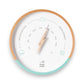 Mellow Monkey white and turquoise wood barometer with a lightning bolt-shaped pointer and a beech wood frame. Measures atmospheric pressure for weather forecasting.