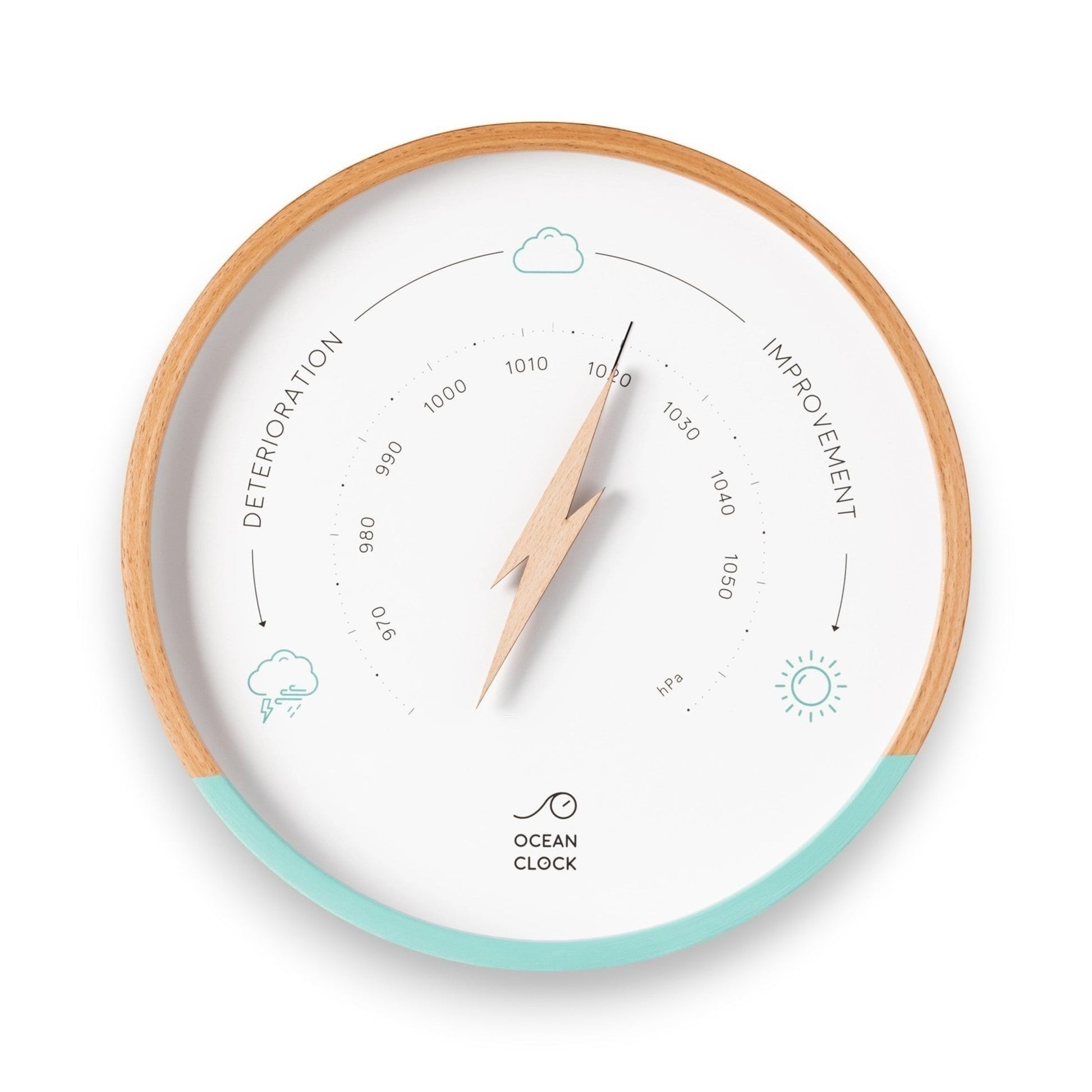 Mellow Monkey white and turquoise wood barometer with a lightning bolt-shaped pointer and a beech wood frame. Measures atmospheric pressure for weather forecasting.