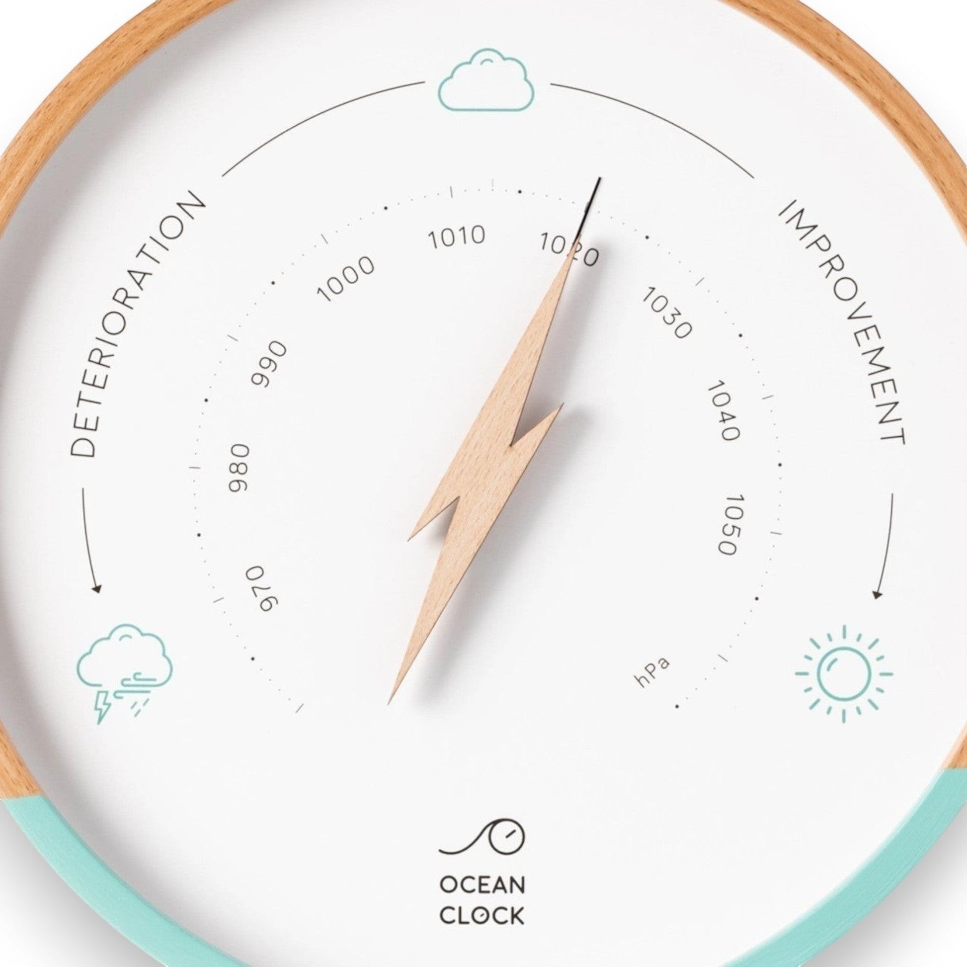 Mellow Monkey white and turquoise wood barometer with a lightning bolt hand, measures atmospheric pressure for weather forecasting.