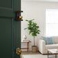Mellow Monkey 3-inch solid wood and brass door chime mounted on a dark green door in a bright living room.