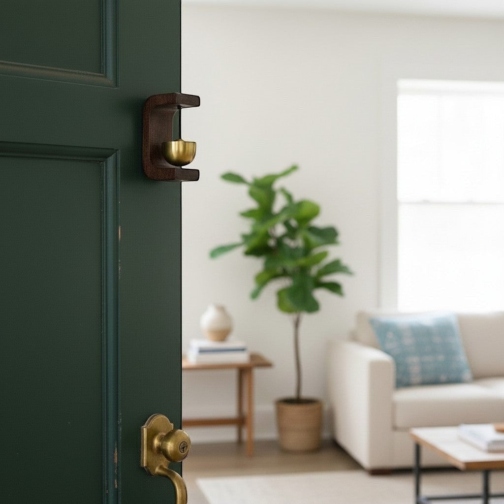 Mellow Monkey 3-inch solid wood and brass door chime mounted on a dark green door in a bright living room.