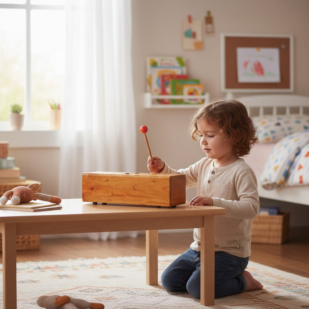Mellow Monkey wooden tongue drum with mallet, natural wood finish, for meditation and music.