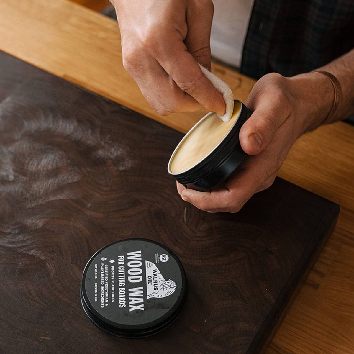 Mellow Monkey Wood Wax for cutting boards, handcrafted with beeswax, coconut oil, and vitamin E. 0.75 oz tin.