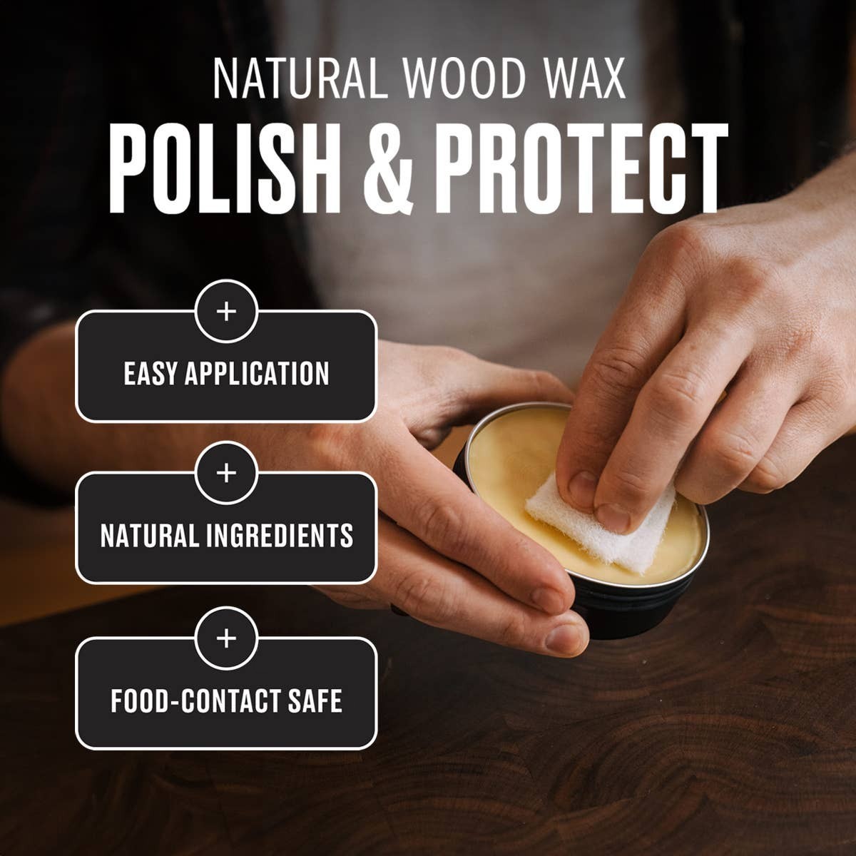 Mellow Monkey natural wood wax polish and protect for cutting boards, 0.75 oz tin with beeswax, coconut oil, and vitamin E.