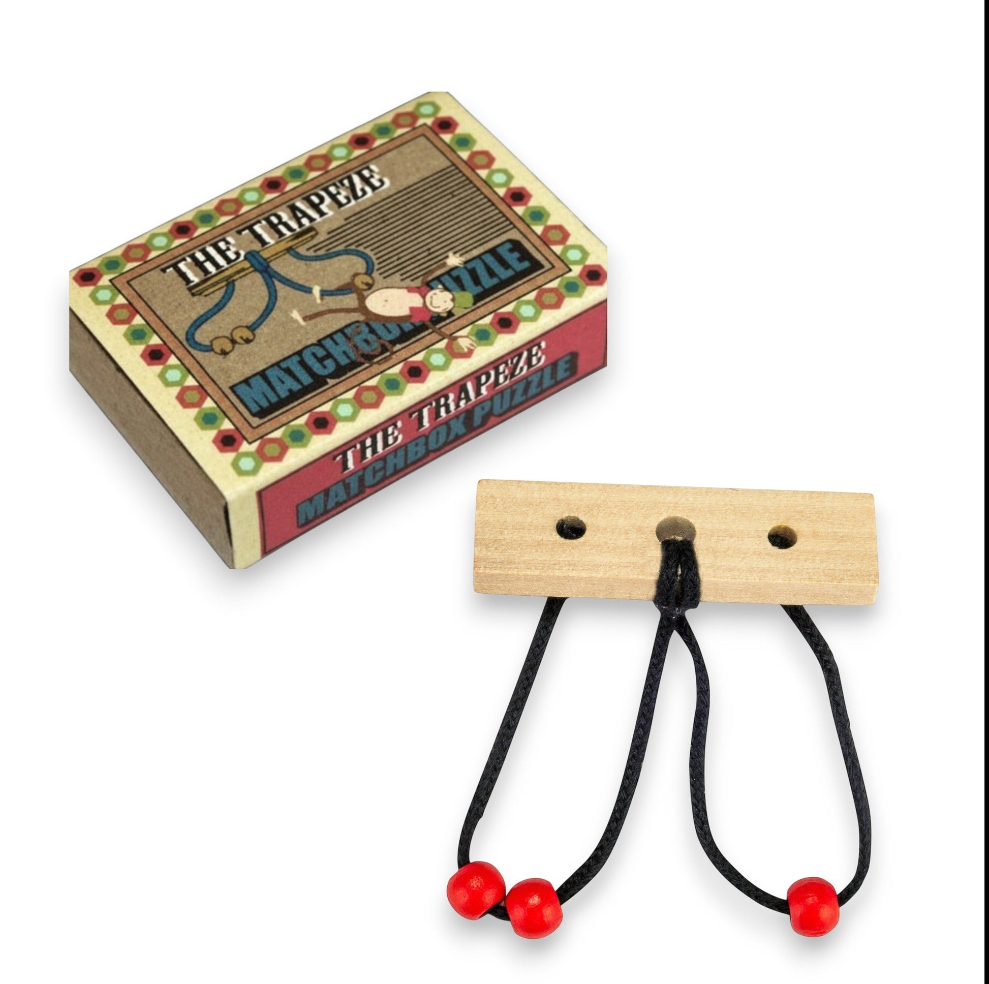 Mellow Monkey wooden brainteaser puzzle with black string and red beads on a white background