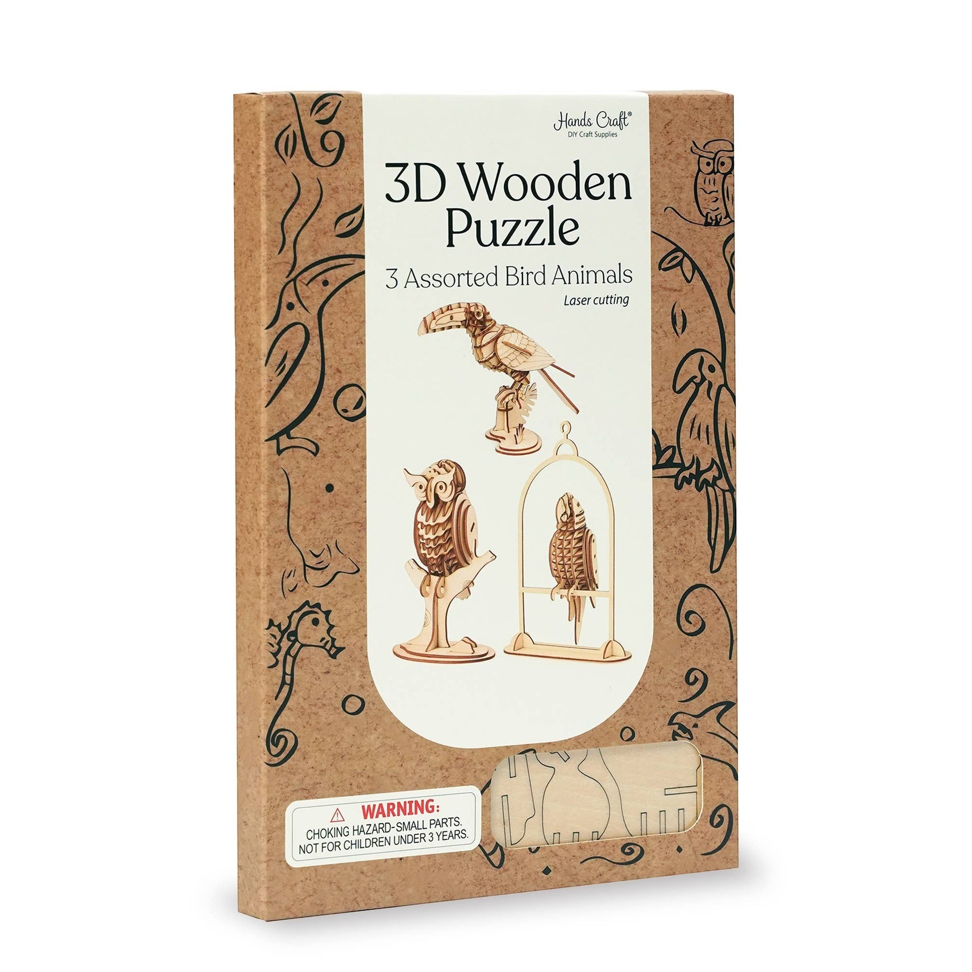 Mellow Monkey 3D laser cut wooden puzzle bundle pack featuring a toucan, owl, and parrot. Made from eco-friendly plywood.